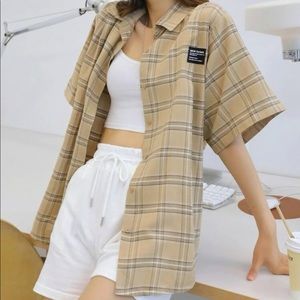 DAZY Tartan Print Letter Patched Blouse